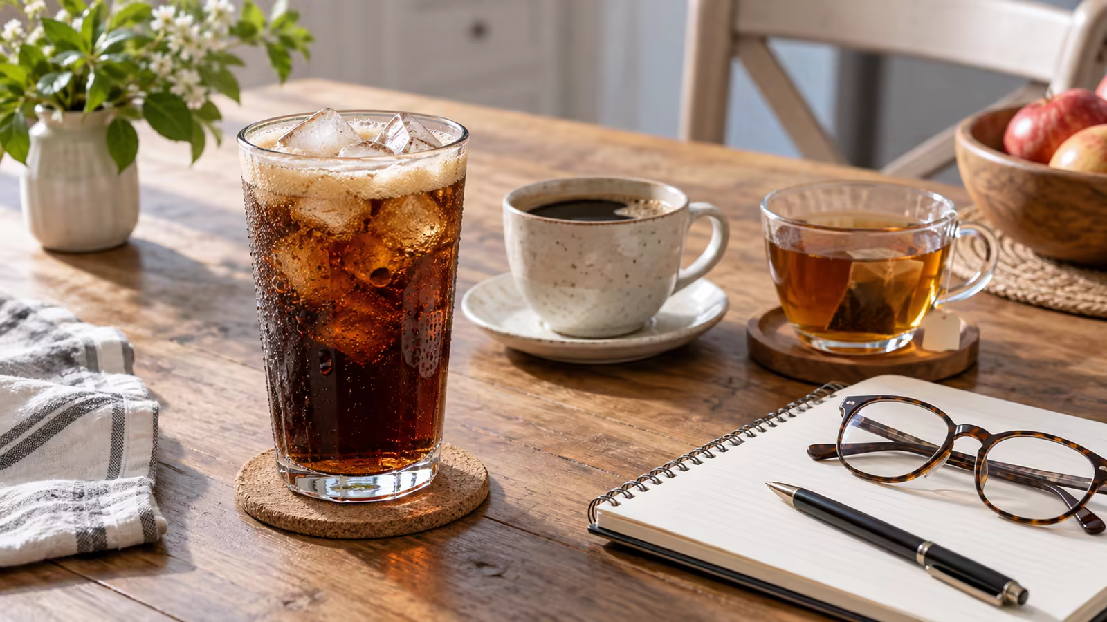 Glass of root beer beside separate cups of coffee and tea on a kitchen table