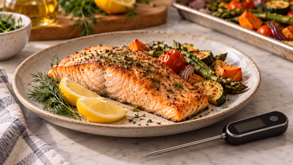 Cooked salmon with lemon, herbs, roasted vegetables, and an instant-read thermometer nearby