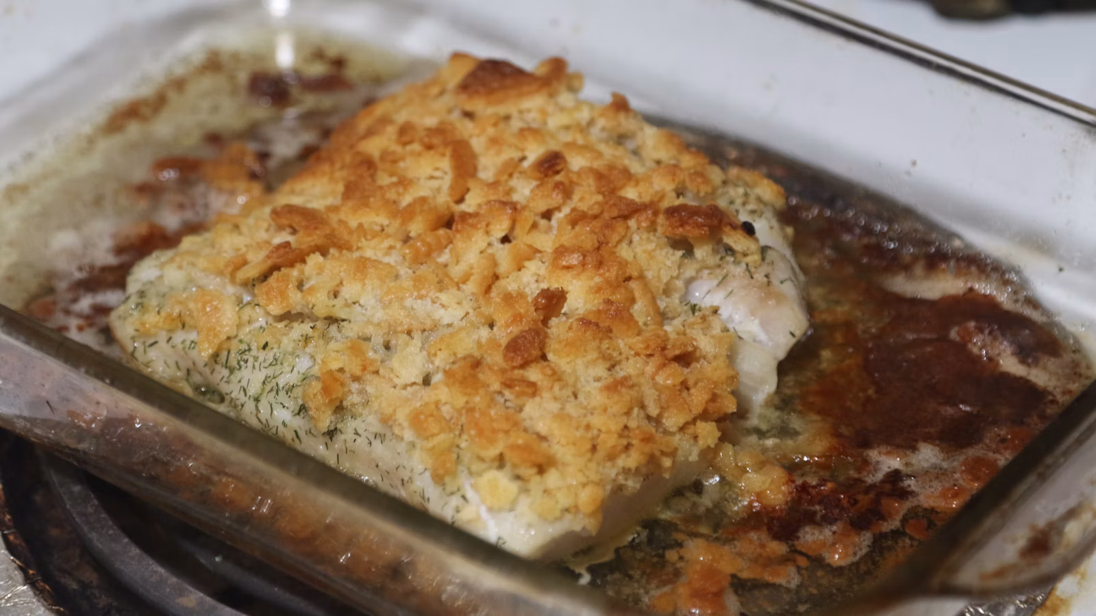 Savory casserole in a baking dish on the stove