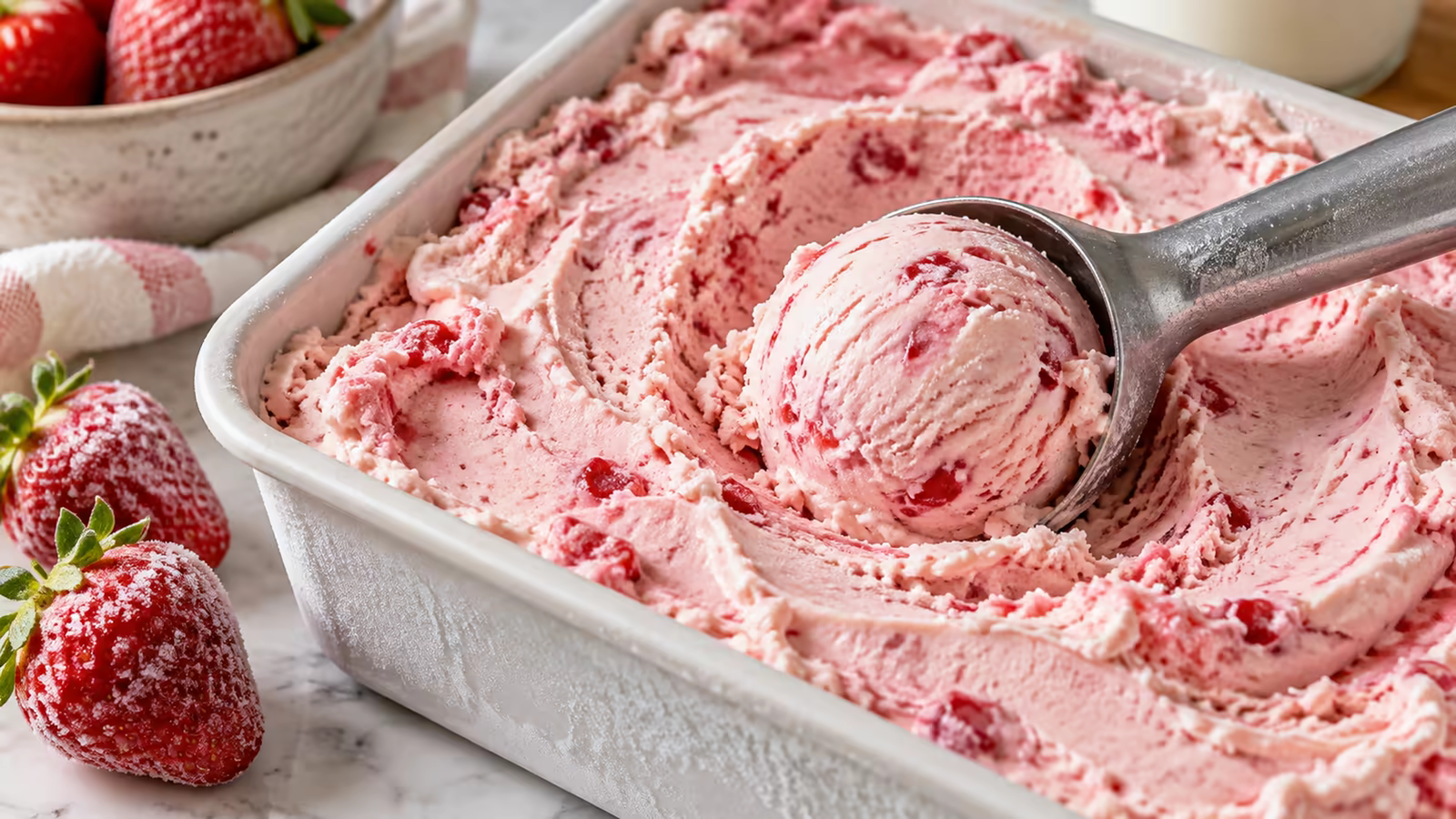 A scoop lifting creamy homemade strawberry yogurt ice cream from a loaf pan