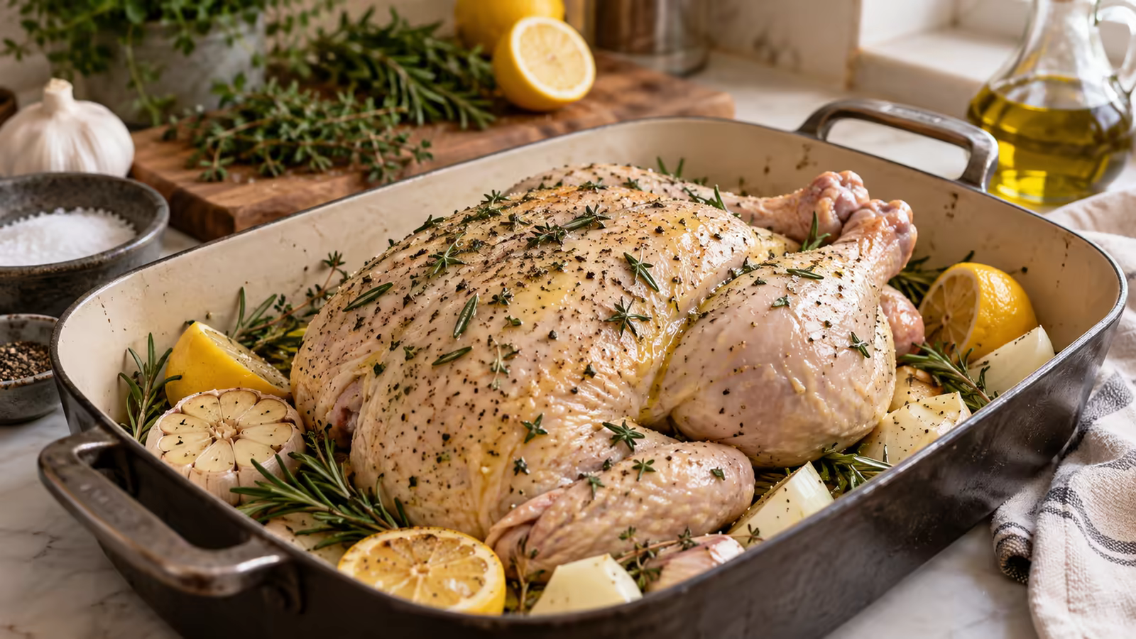 A whole chicken seasoned with salt, pepper, lemon, garlic, and herbs before roasting