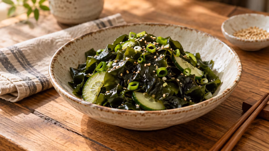 Japanese seaweed salad with cucumber, scallions, and sesame in a ceramic bowl