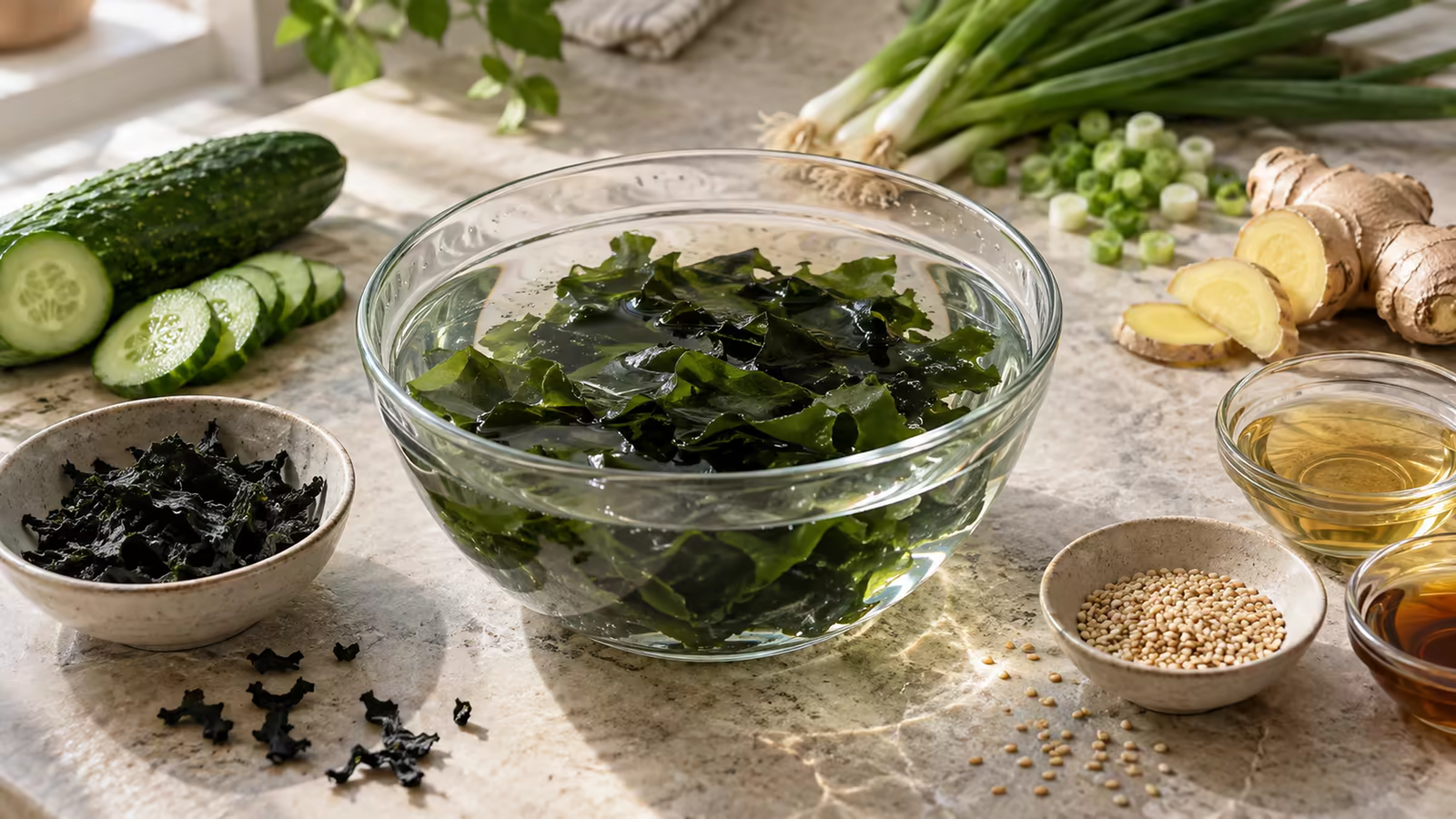 Rehydrated wakame, cucumber, scallions, sesame seeds, and rice vinegar arranged for seaweed salad