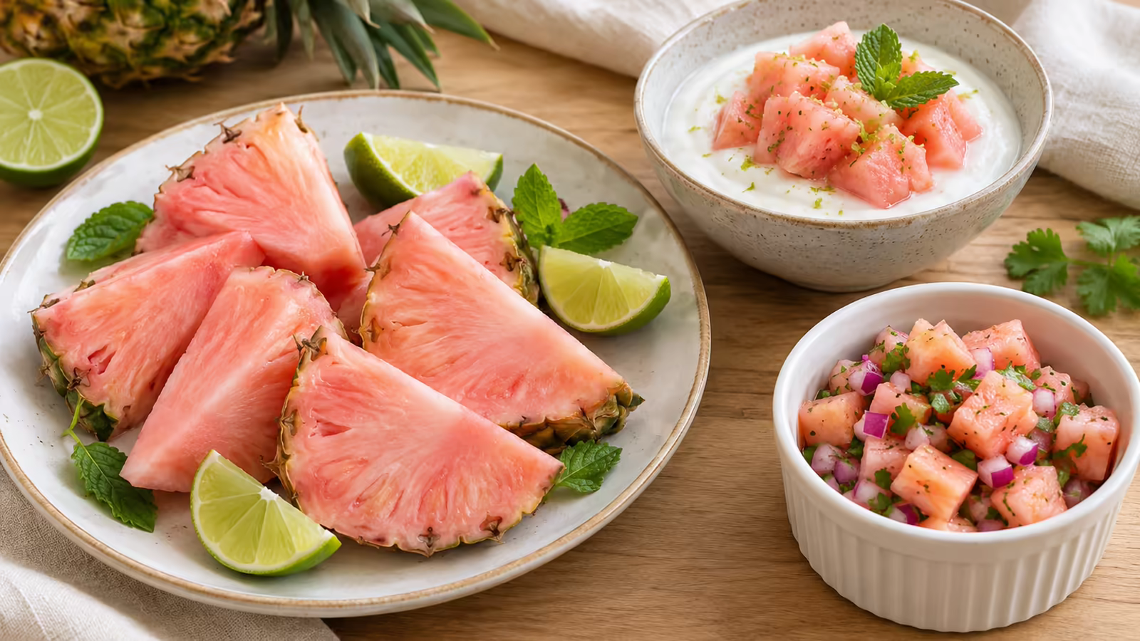 Pink pineapple wedges served with lime, mint, yogurt, and a small savory salsa