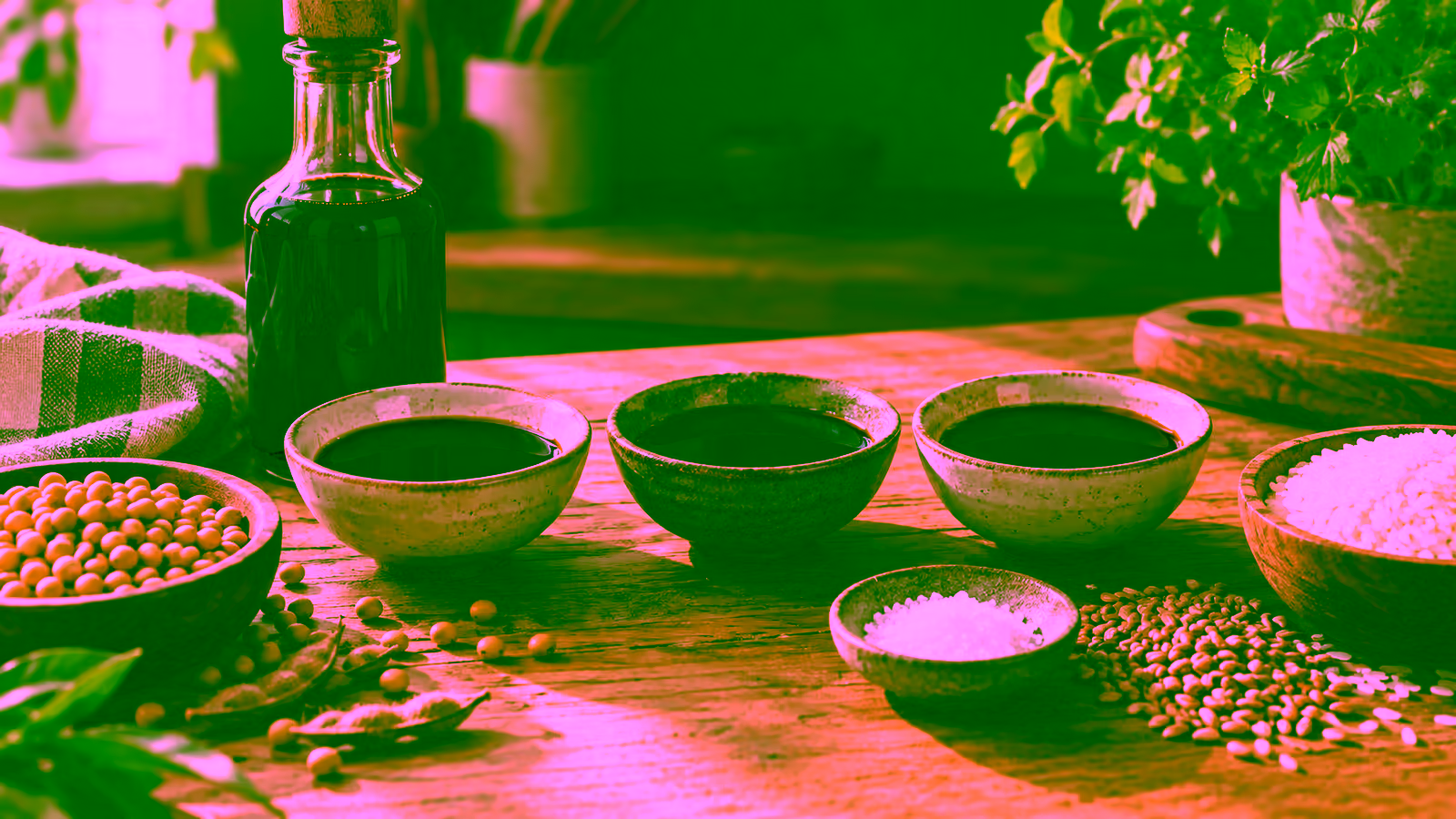 Three dark soy-style sauces beside soybeans, wheat berries, rice, and salt