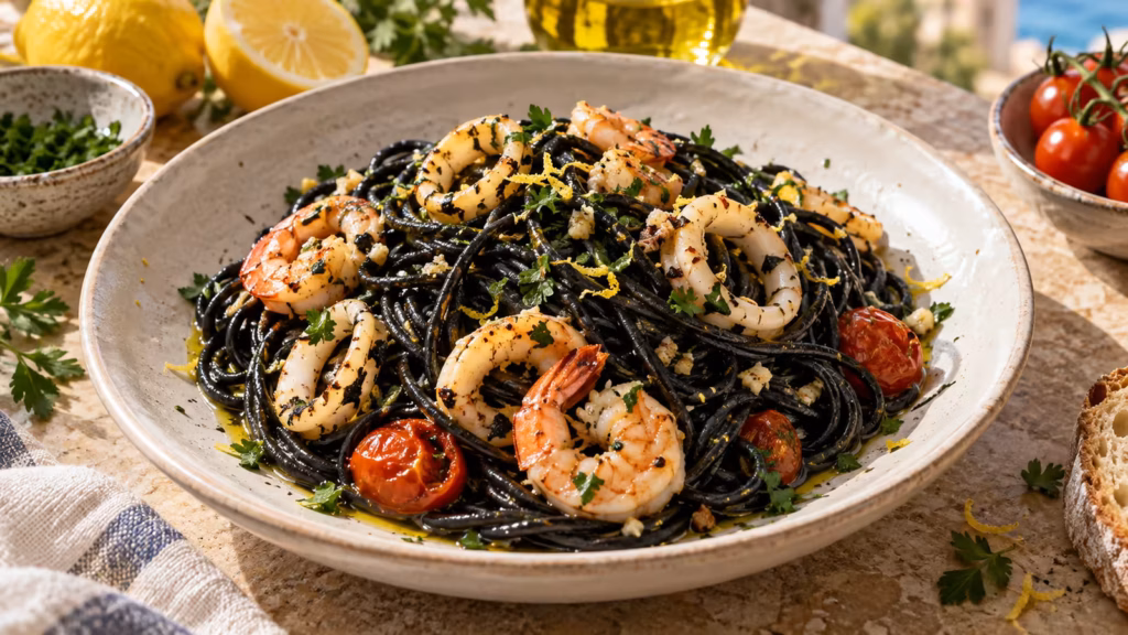 Squid ink pasta with shrimp, calamari, garlic, lemon, and parsley in a shallow bowl