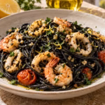 Squid ink pasta with shrimp, calamari, garlic, lemon, and parsley in a shallow bowl