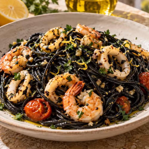 Squid ink pasta with shrimp, calamari, garlic, lemon, and parsley in a shallow bowl