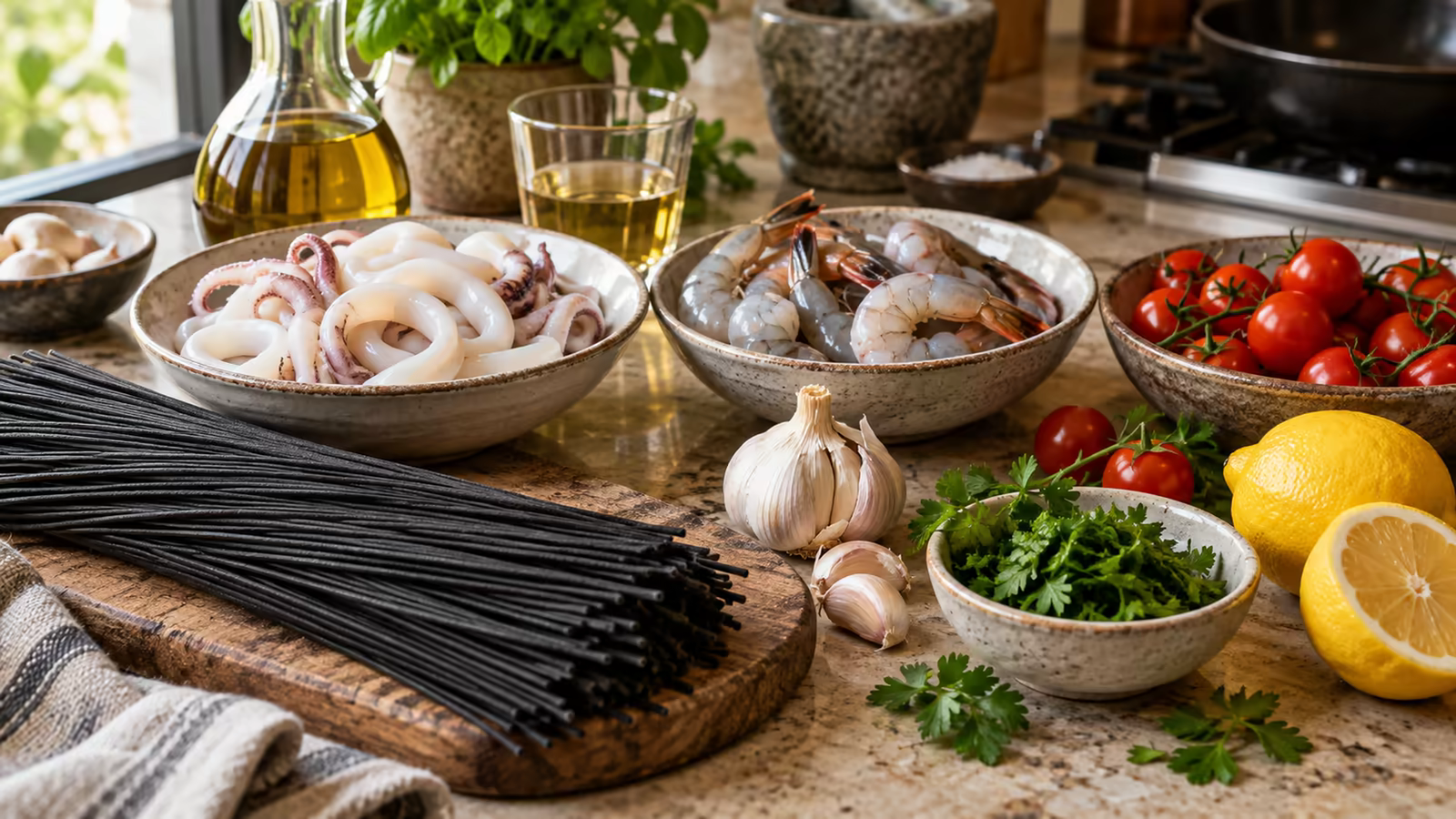 Squid ink pasta, shrimp, calamari, garlic, lemon, and parsley arranged on a kitchen counter