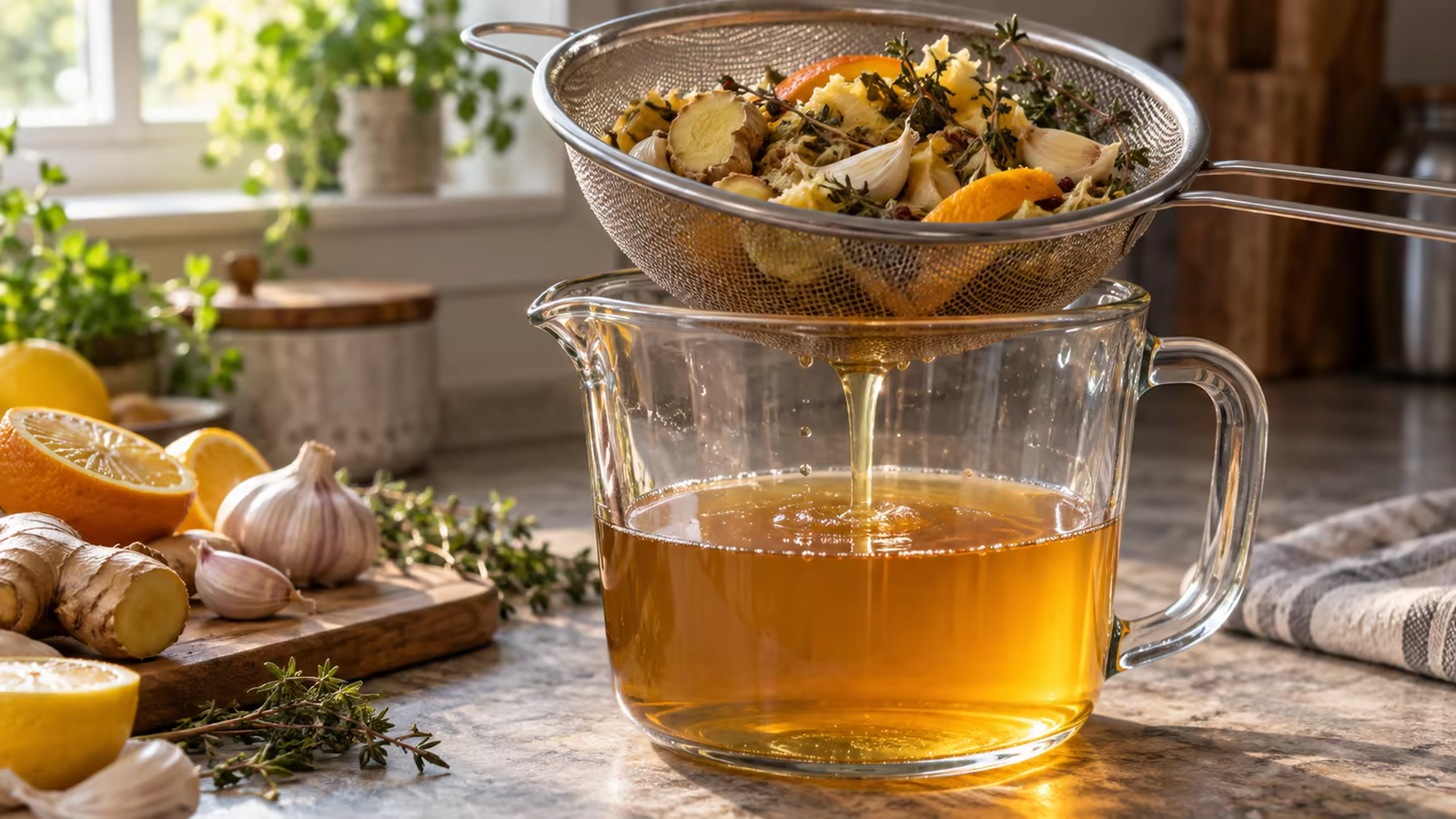 Infused fire cider being strained through a fine mesh sieve into a glass bowl