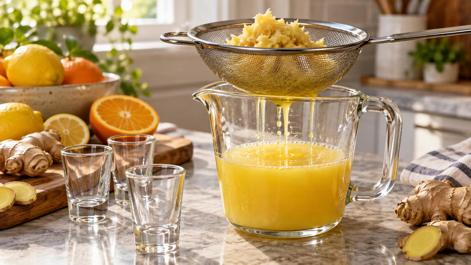Blended ginger and citrus mixture being strained through a fine mesh sieve