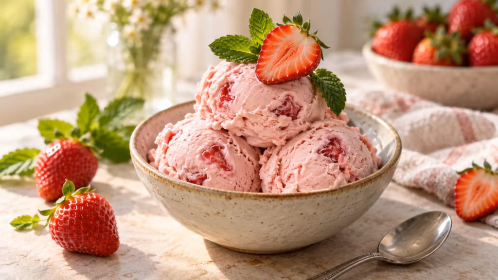 Scoops of homemade strawberry yogurt ice cream in a chilled ceramic bowl