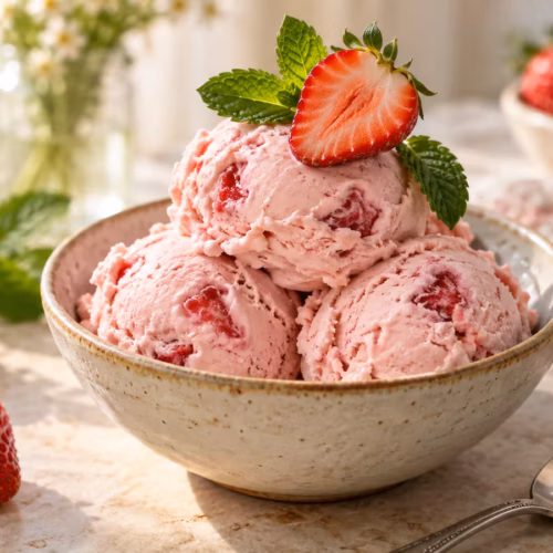 Scoops of homemade strawberry yogurt ice cream in a chilled ceramic bowl
