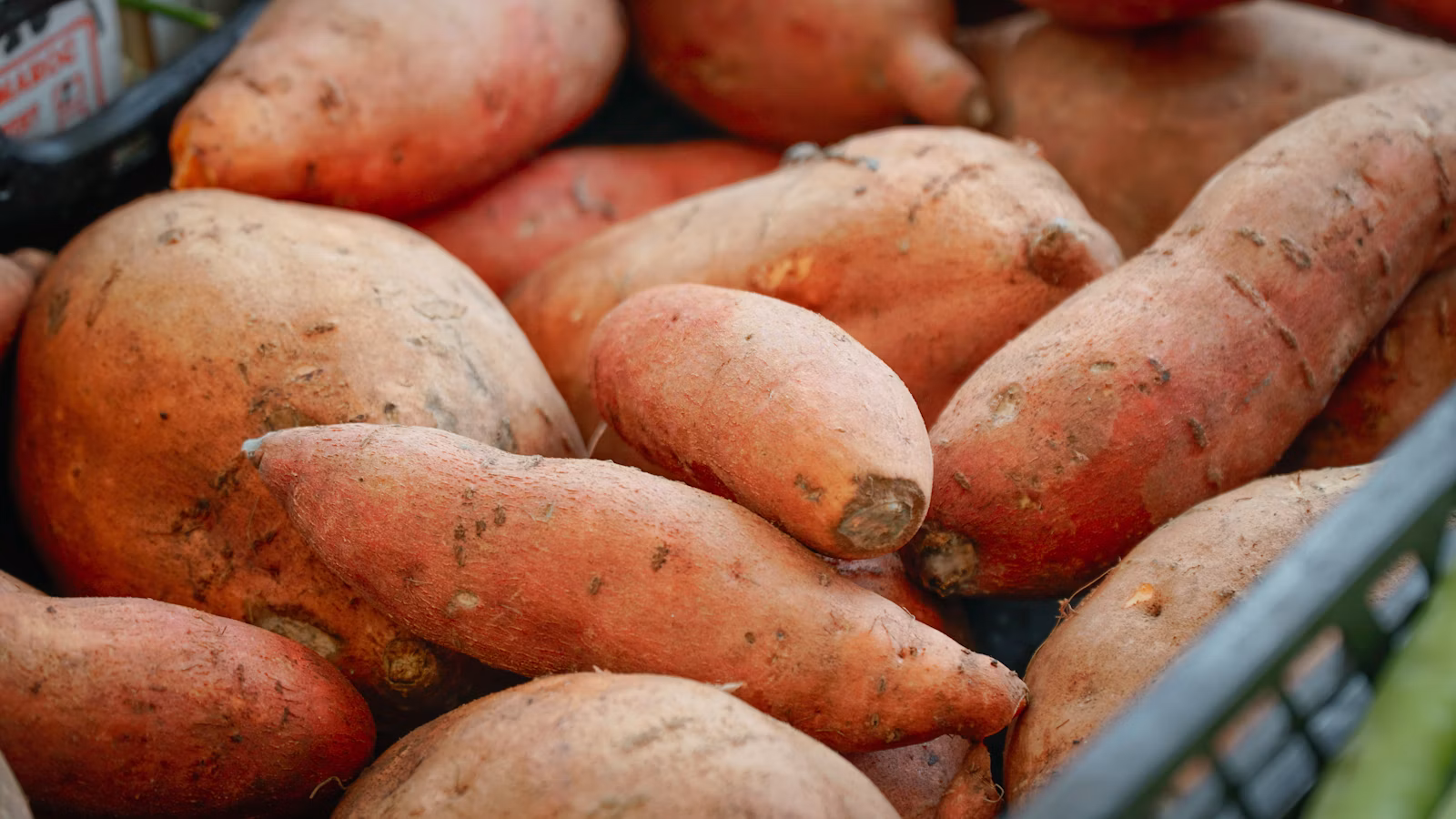 Whole sweet potatoes piled in a woven basket