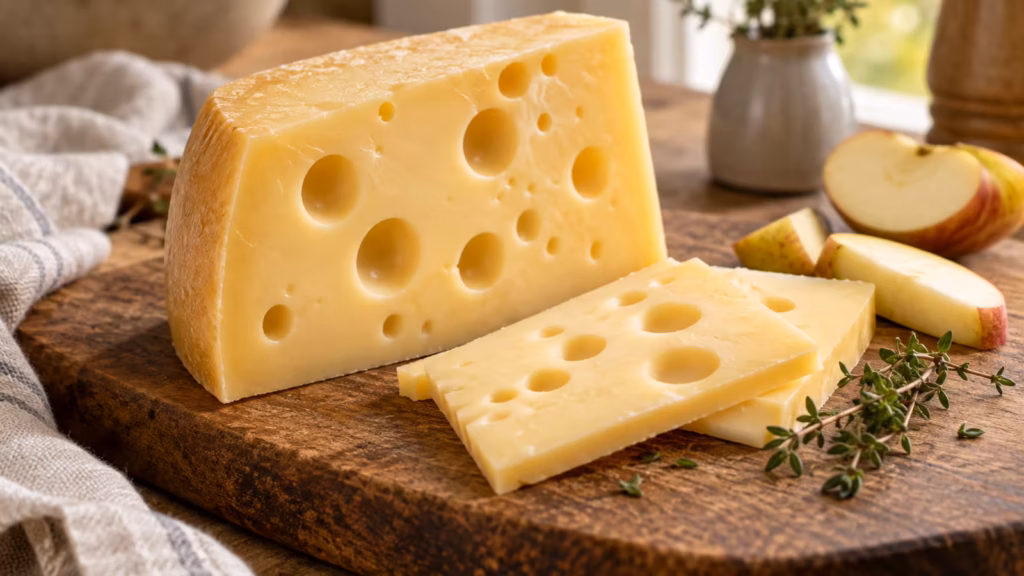 A wedge and slices of pale-gold Swiss cheese with natural round eyes on a wooden board