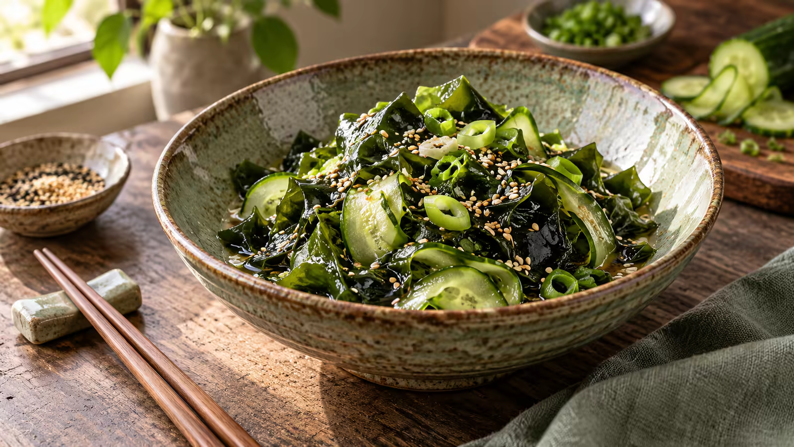Wakame and cucumber being tossed with sesame dressing in a ceramic bowl