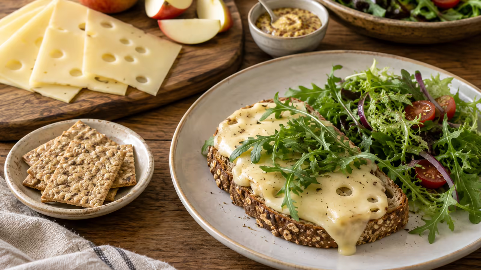 Swiss cheese slices with whole-grain bread, apple, mustard, greens, and a warm melted sandwich