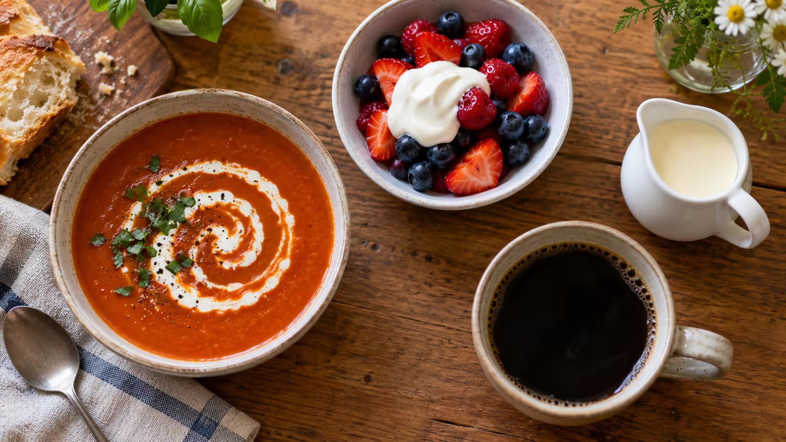 Heavy cream swirled into tomato soup, spooned over berries, and served beside coffee