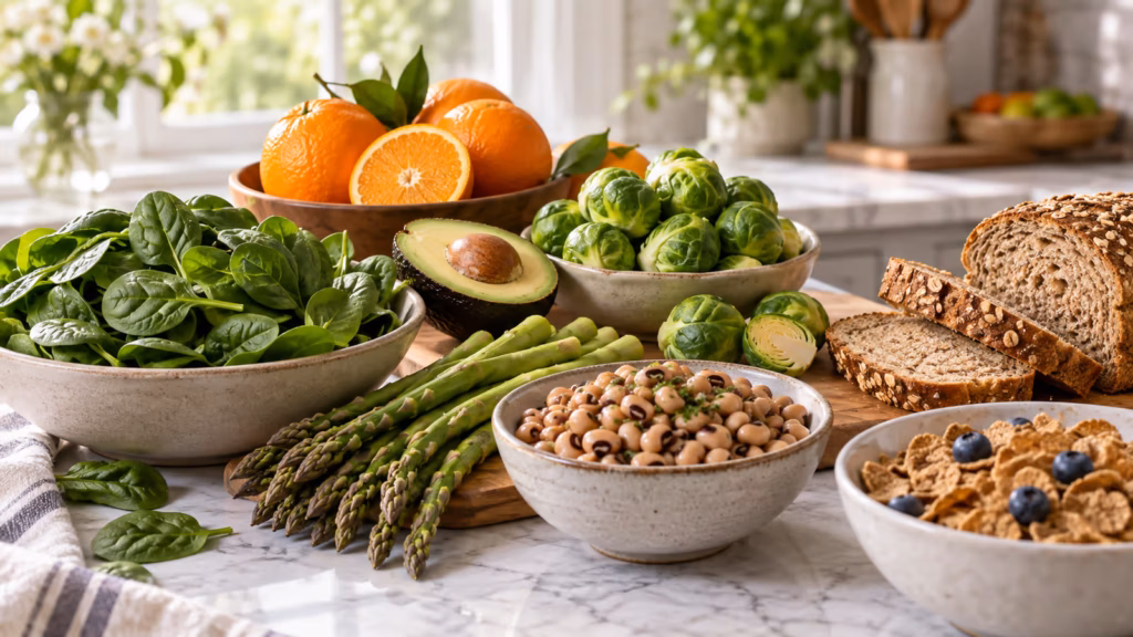 A warm kitchen spread of folate-rich spinach, asparagus, black-eyed peas, Brussels sprouts, avocado, oranges, bread, and cereal