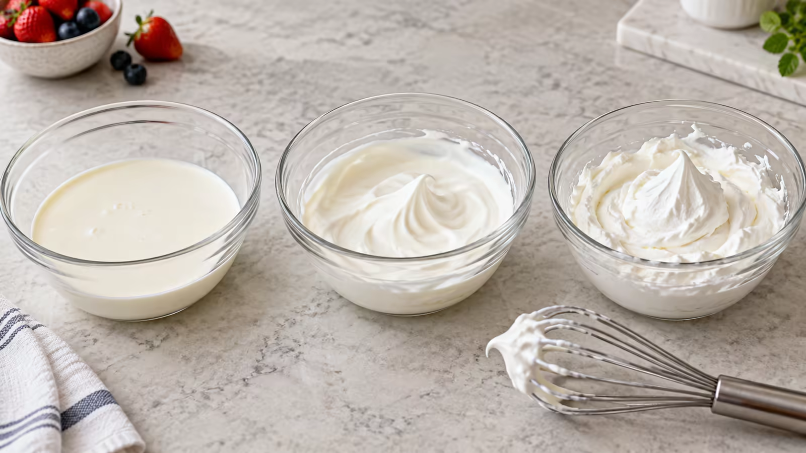 Three bowls showing liquid cream, soft peaks, and firm whipped cream peaks