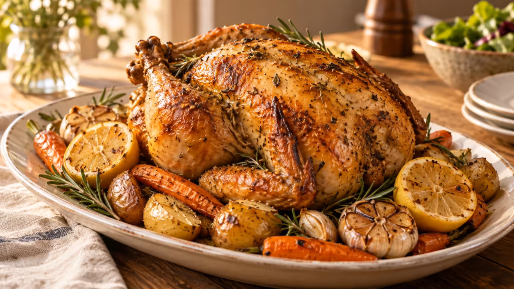 A whole roasted chicken with crisp golden skin, lemon, garlic, and herbs