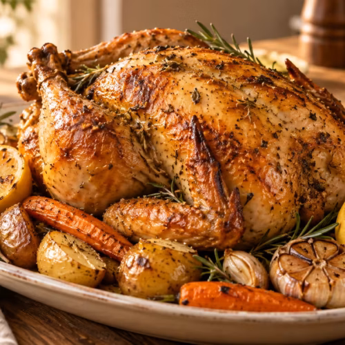 A whole roasted chicken with crisp golden skin, lemon, garlic, and herbs