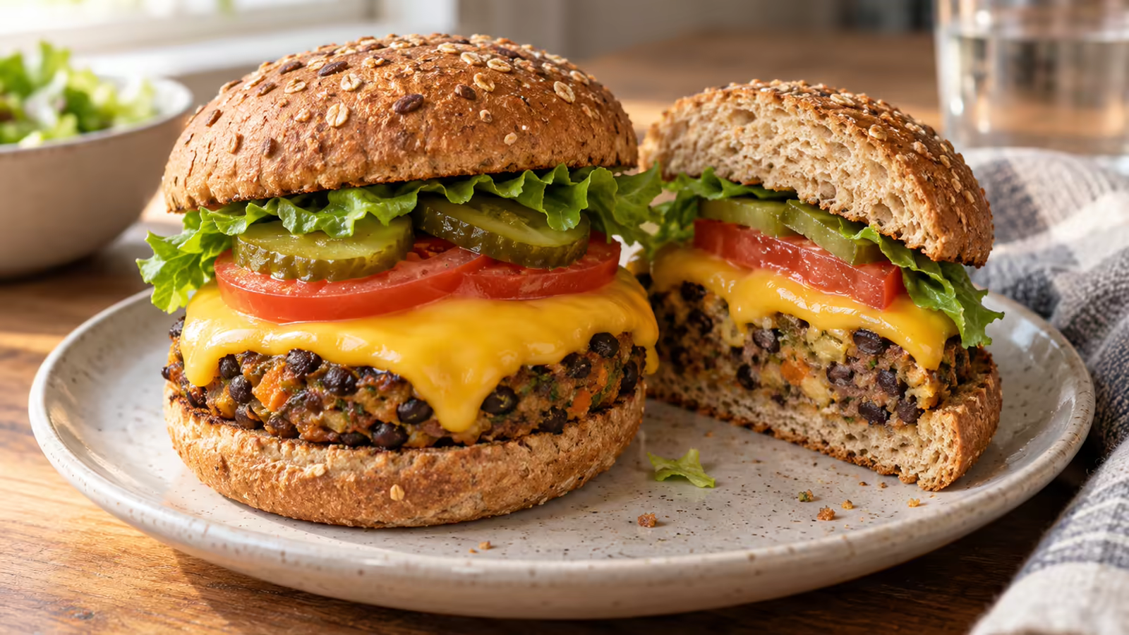 American cheese melting smoothly over a vegetable burger beside tomato, lettuce, pickles, and whole-grain bread