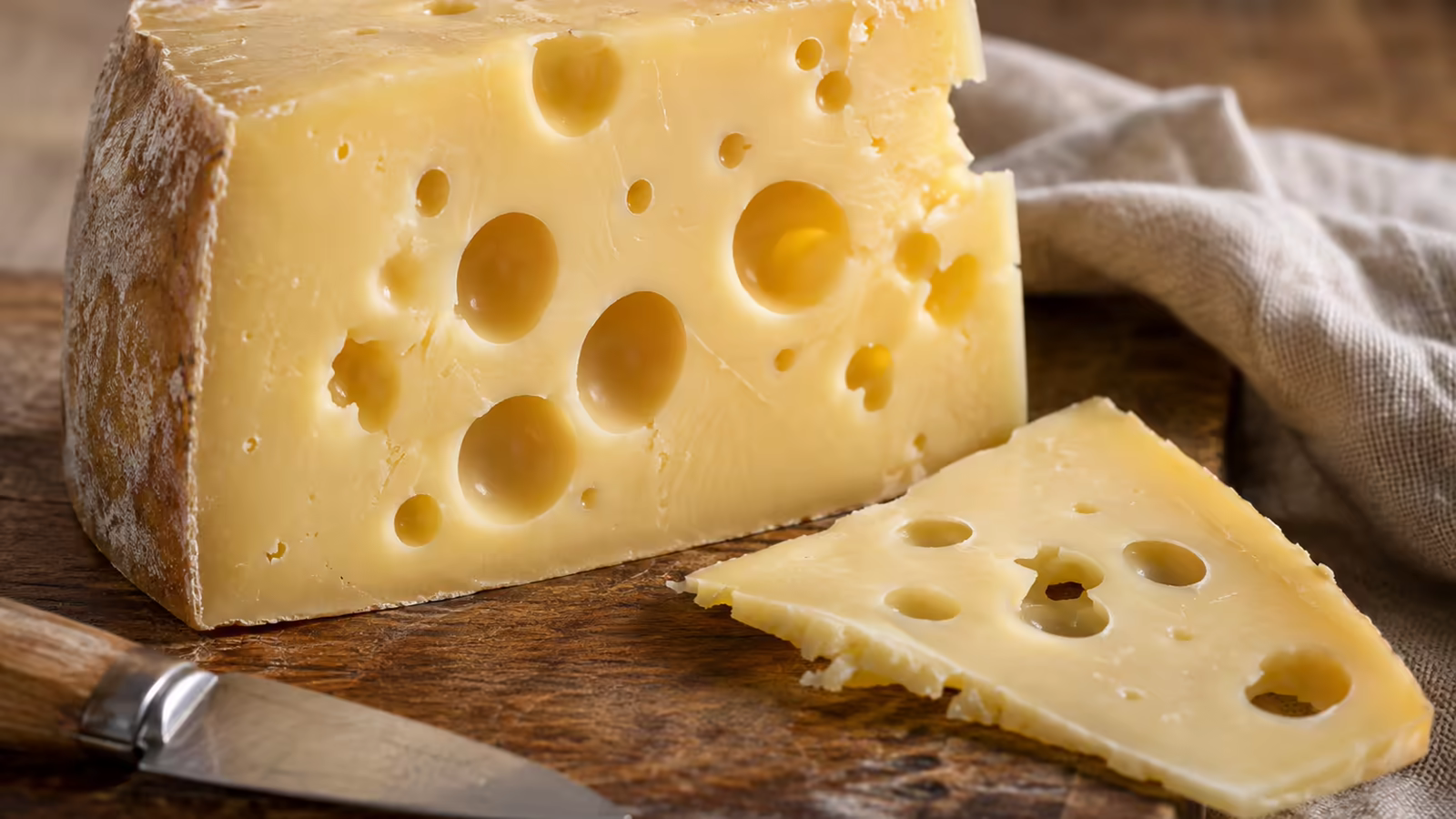 A cut wedge of Swiss cheese with clean round eyes beside a smaller slice and wooden cheese knife