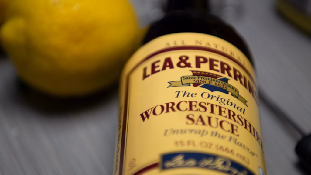 Bottle of Worcestershire sauce on a kitchen counter