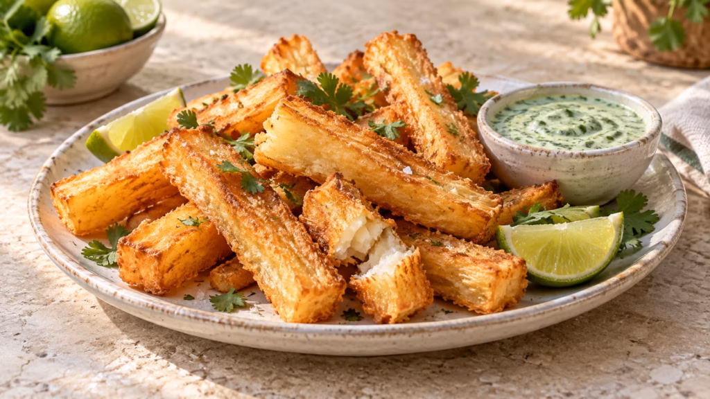 Golden crispy yuca fries with lime, herbs, and creamy green dip