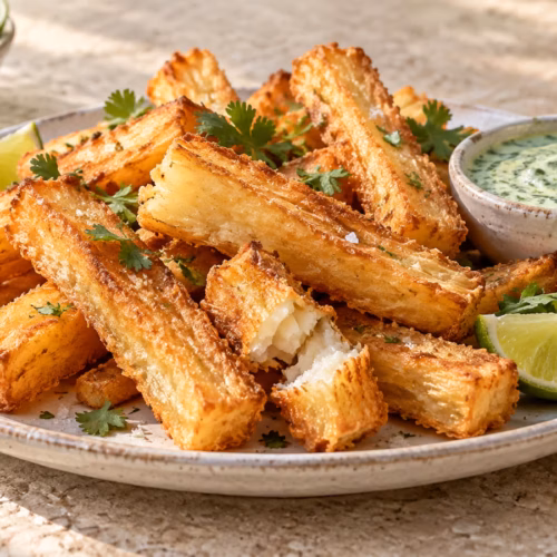 Golden crispy yuca fries with lime, herbs, and creamy green dip