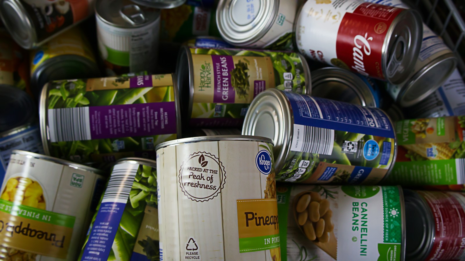 Assorted cans of shelf-stable food