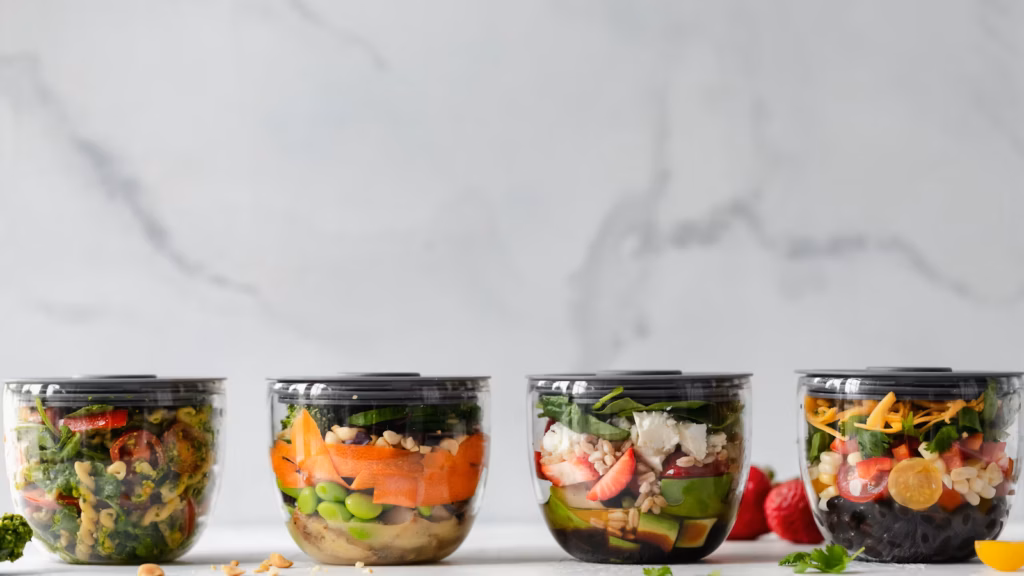 Prepared vegetables in four clear containers