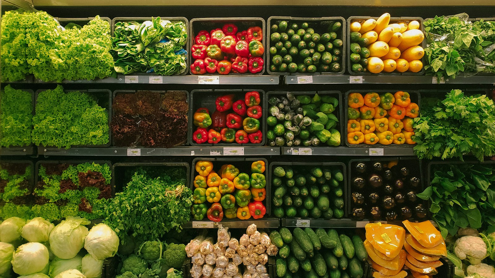 Fresh vegetables arranged in a market display