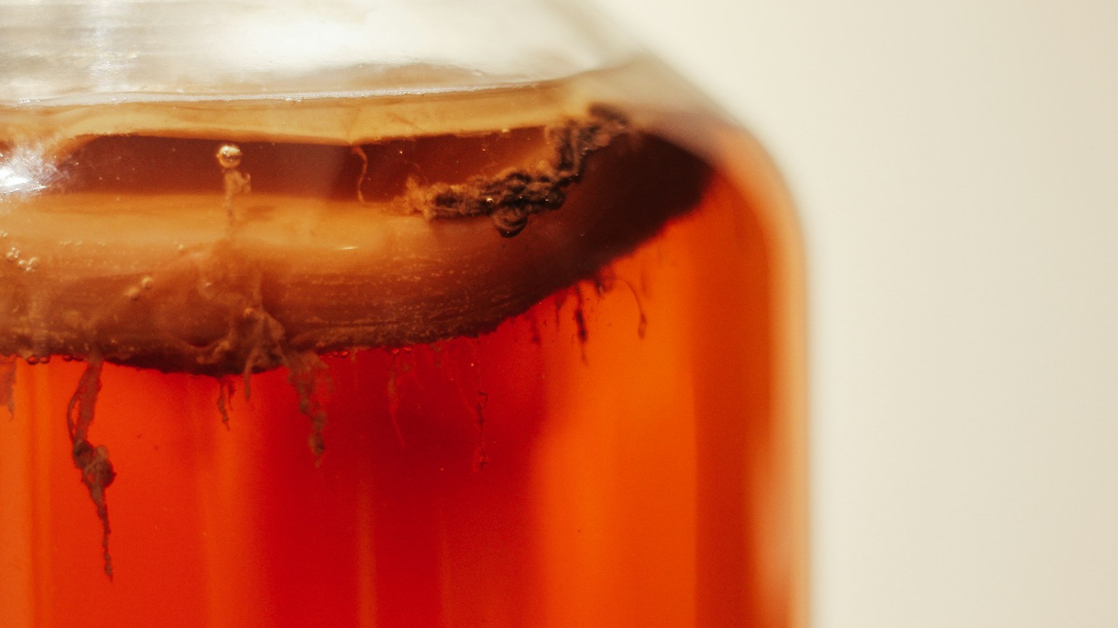 Amber kombucha with a culture layer in a glass container