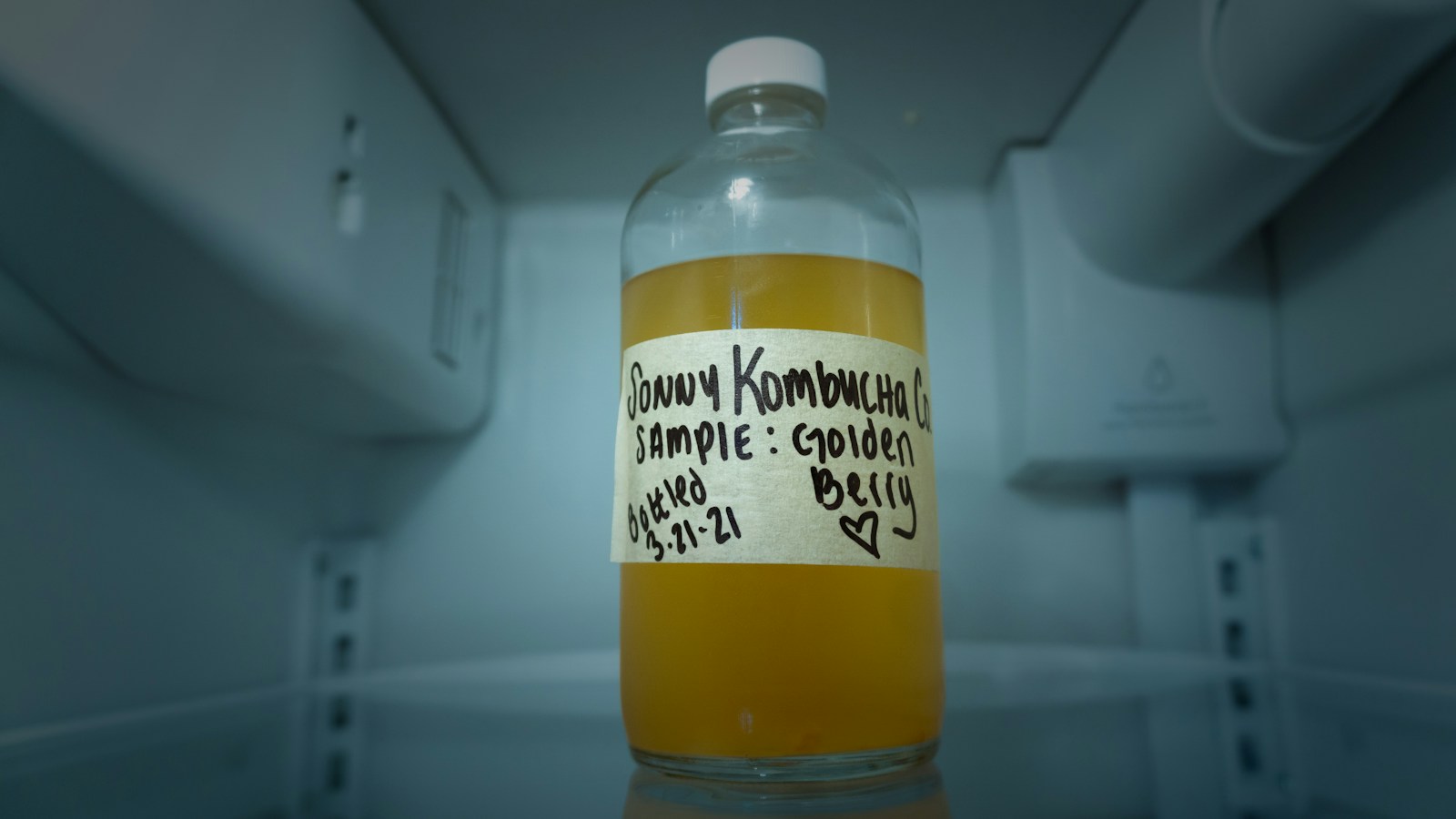 A labeled bottle of kombucha stored in a refrigerator