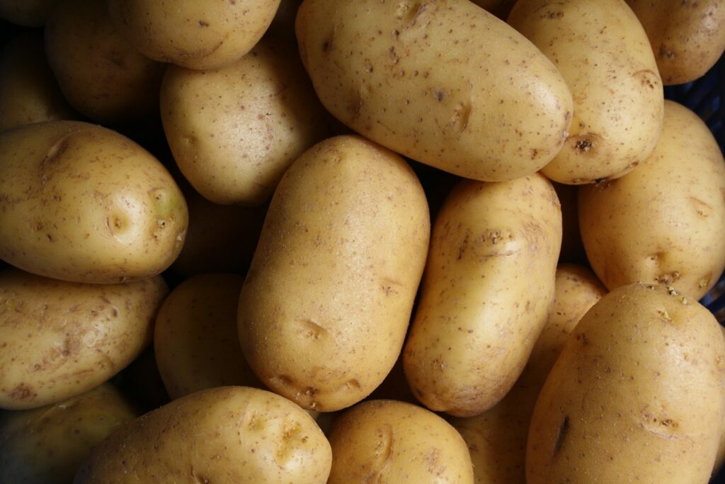 A close-up of whole raw potatoes with their skins on